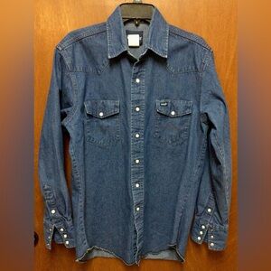 Wrangler Denim Western Shirt Mens 16x34 Blue Pearl Snap Long Sleeve Cowboy Rodeo